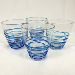 Set of 3 Glass Drink Tumblers Applied Cobalt and Aqua Swirl Spiral